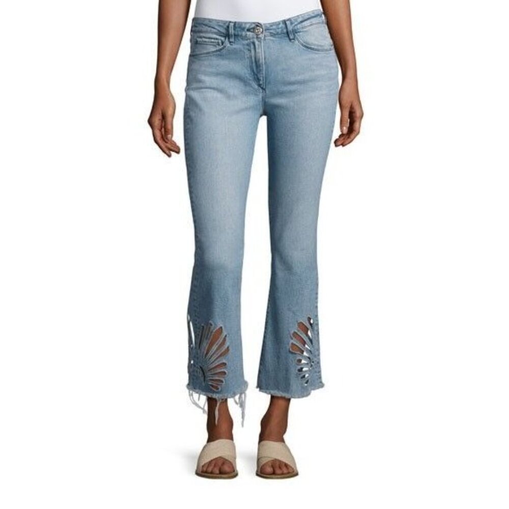 3x1 Women's Freja Floral Cutout Crop Flare Jeans Raw Hem Stretch Blue Size 24